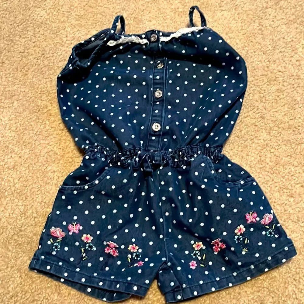 Real Love Denim Polka Dot Spaghetti Strap Romper with Lace and Bow- Size 3T